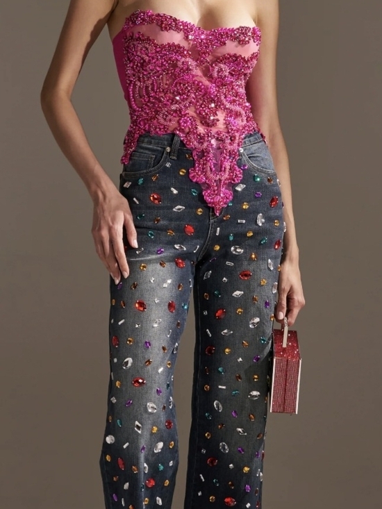 AKIRA Denim - AKIRA Straight-Leg Jeans with Multicolor Jewel Embellishments - Dark Wash